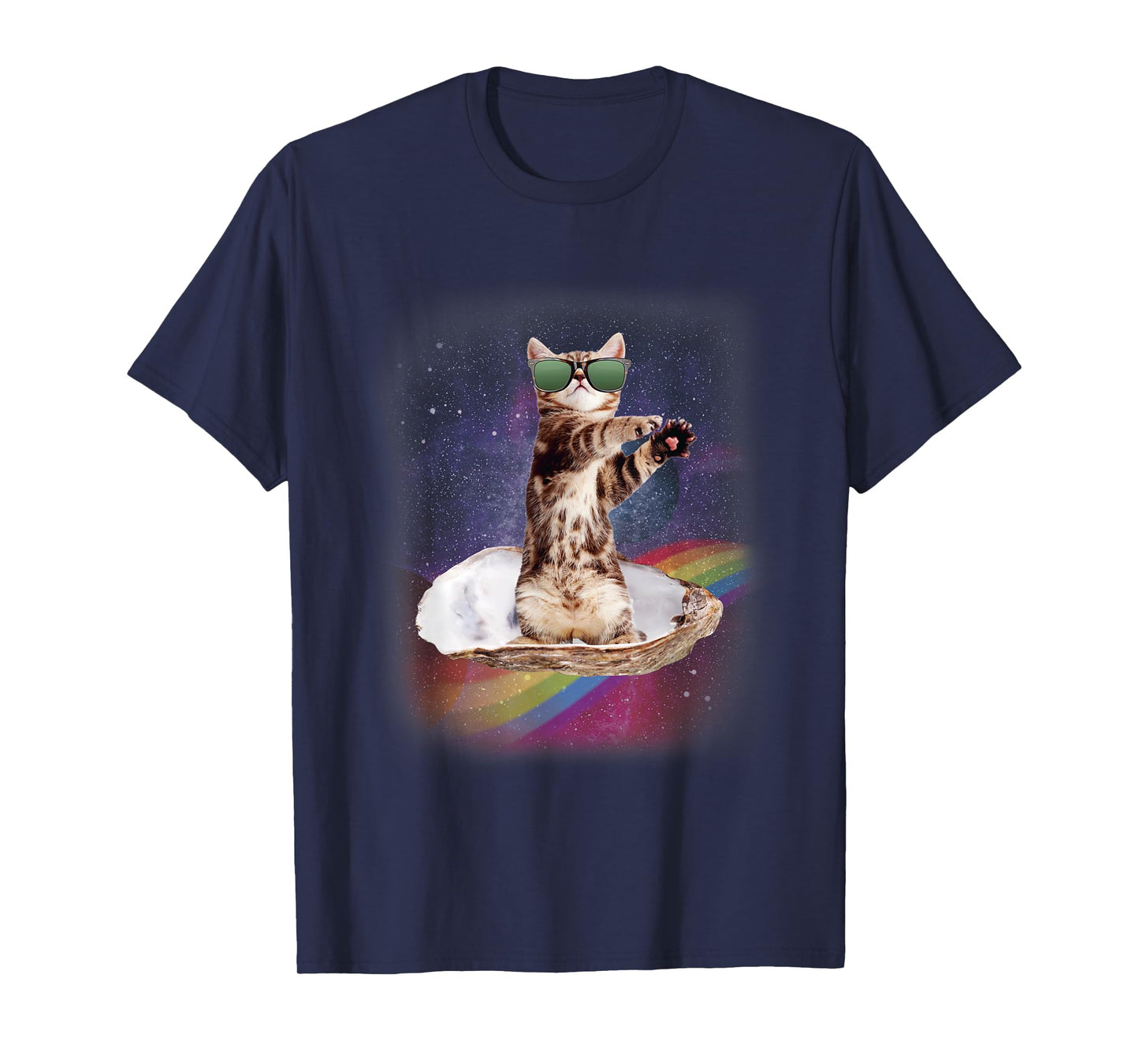 Space Cat Surfing An Oyster On A Rainbow Oyster T-Shirt