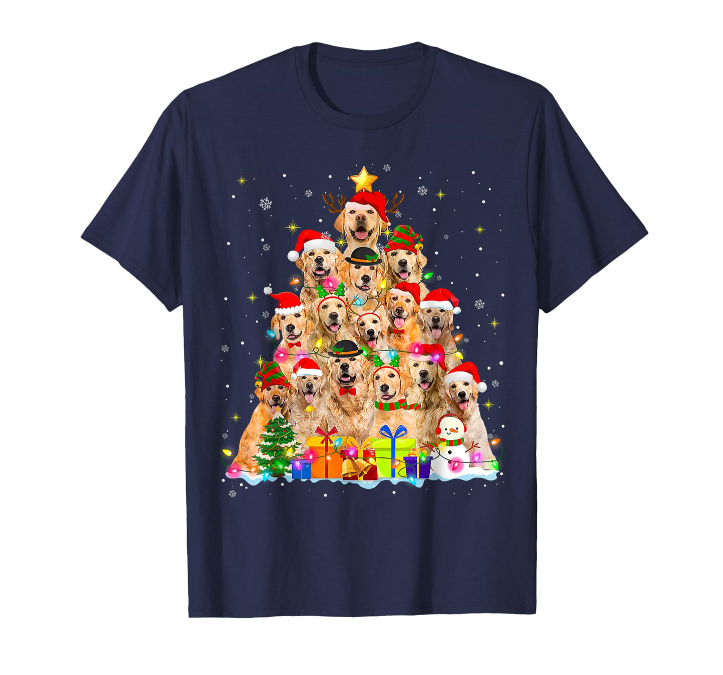 Golden Retriever Christmas Lights Tree Dog Funny Xmas 2025 T-Shirt for Men Women Kids