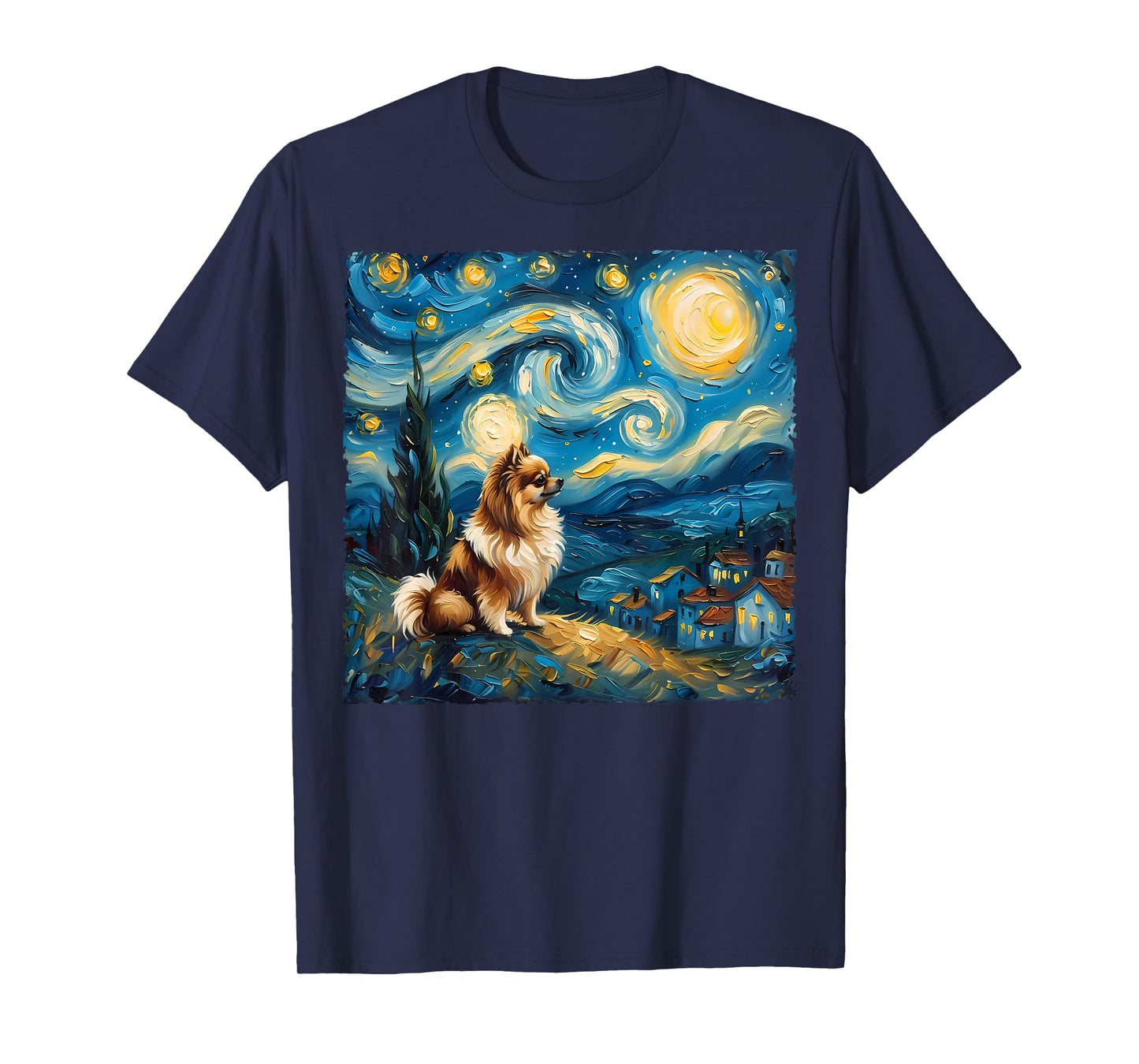 Pomeranian Dog Lovers Starry Night Van Gogh Style Painting T-Shirt