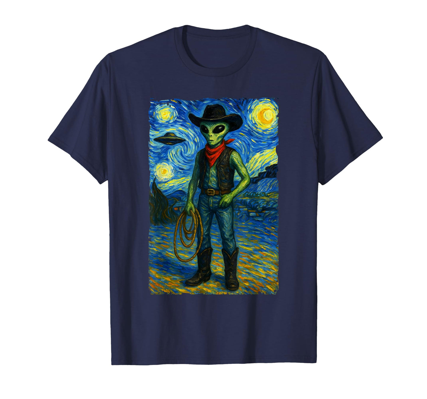Vintage Starry Night Western Alien Cowboy Van Gogh Graphic T-Shirt