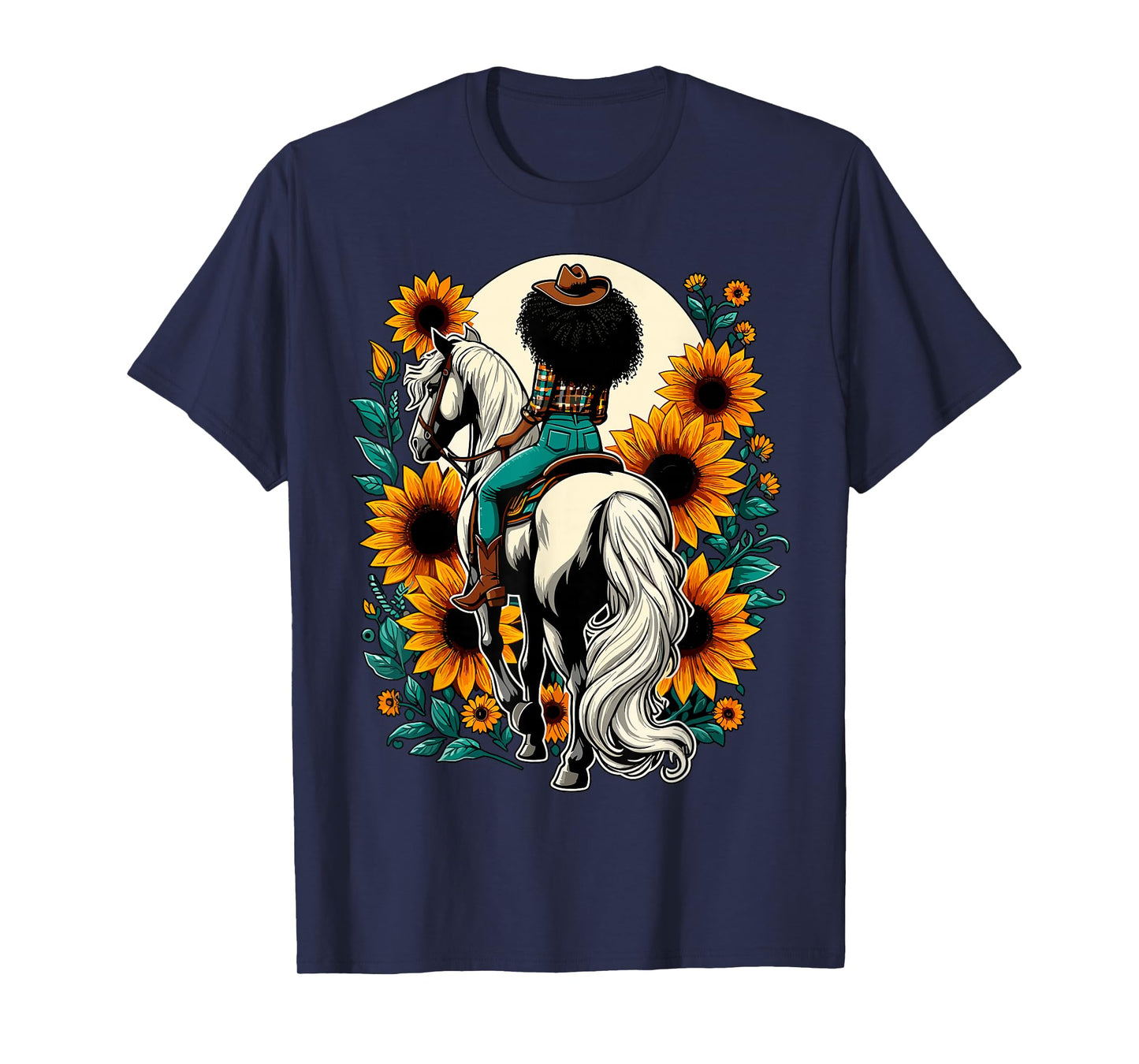 Afro Cowgirl Riding Horse Sunflower Western Country T-Shirt