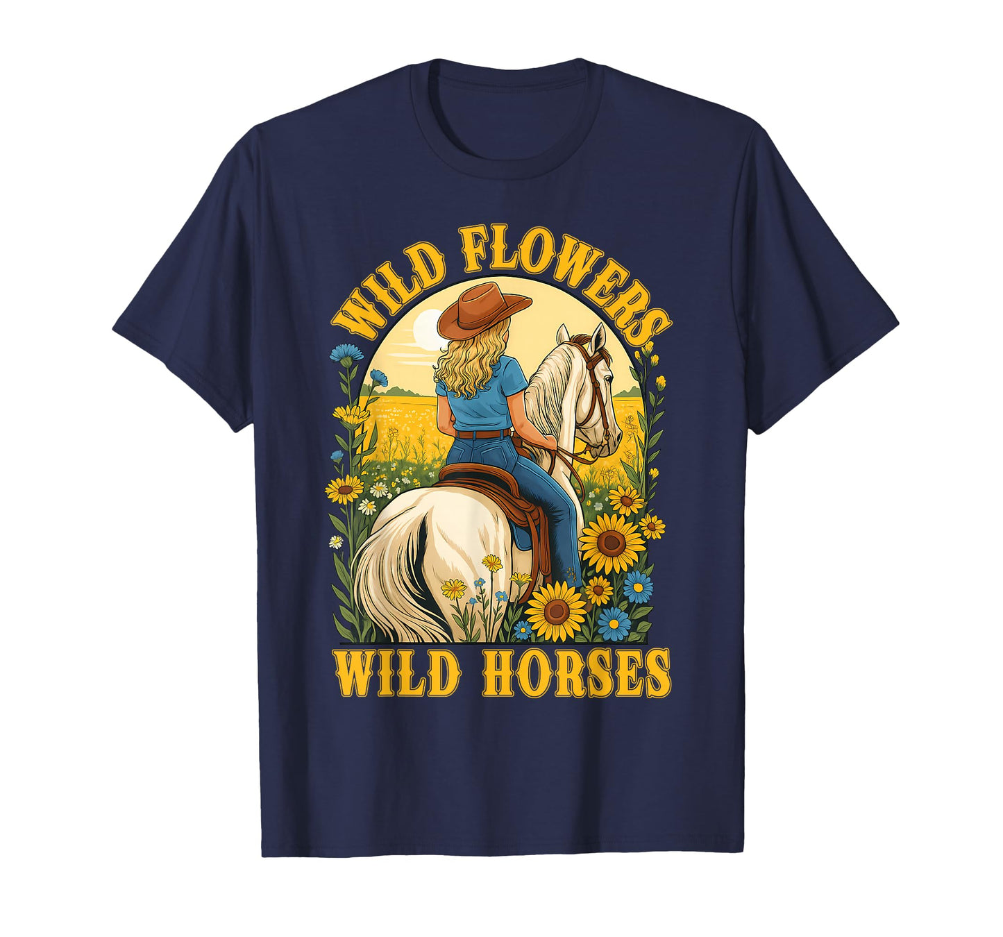 Retro Southern Sunset Cowgirl Wild Flowers Wild Horses T-Shirt