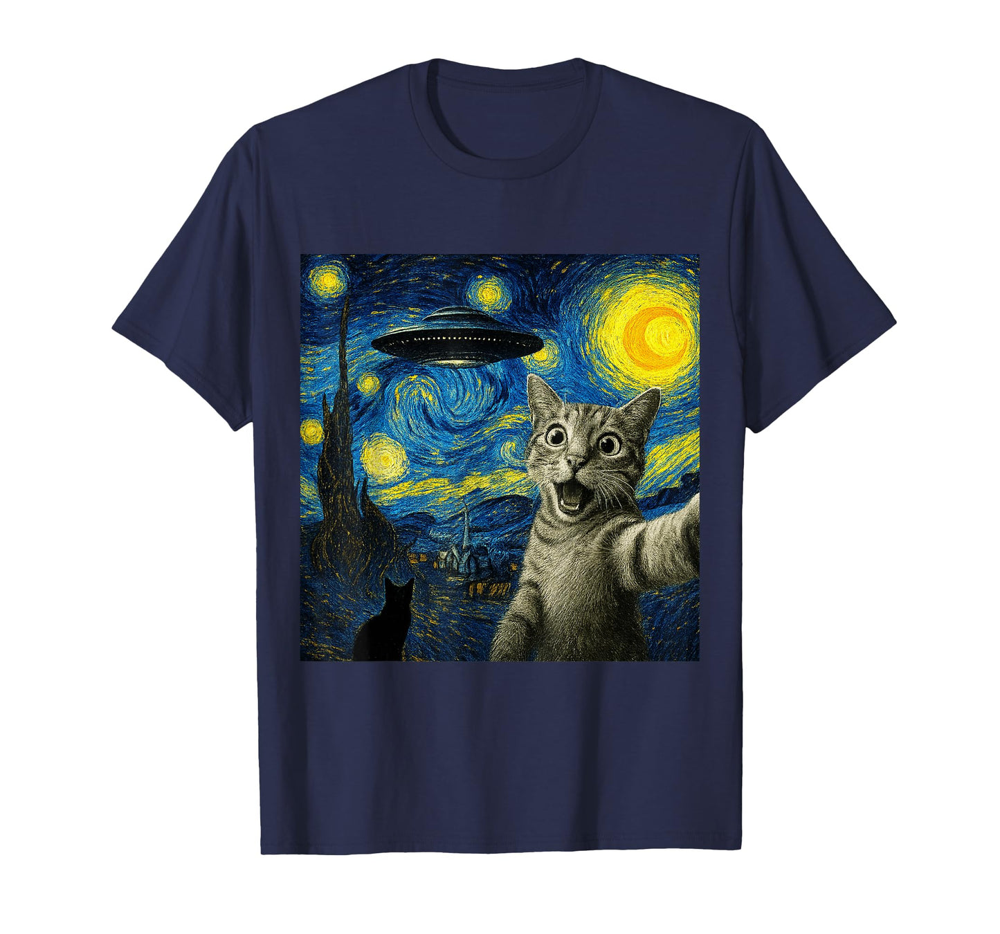 Cat Selfie With Alien UFO Cat Starry Night Van Gogh Women T-Shirt