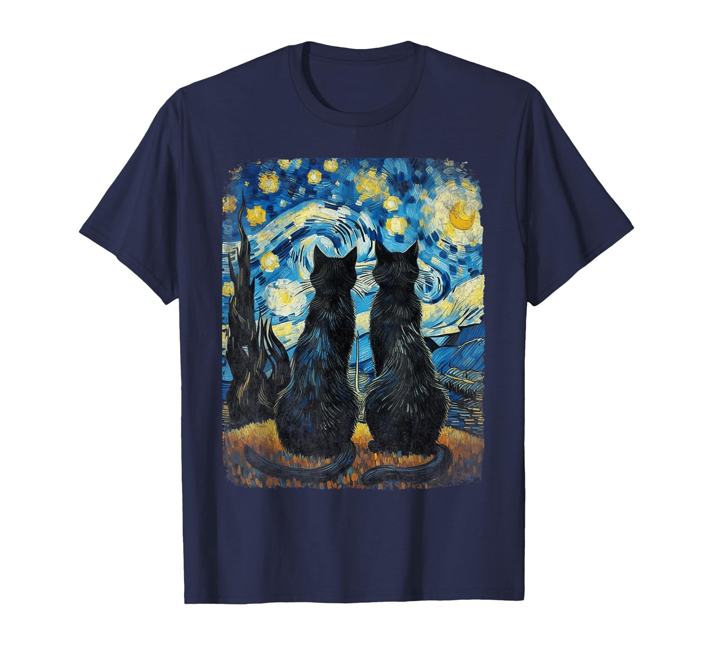 Cat Gifts for Cat Mom Dad Womens Starry Night Van Gogh Cat T-Shirt