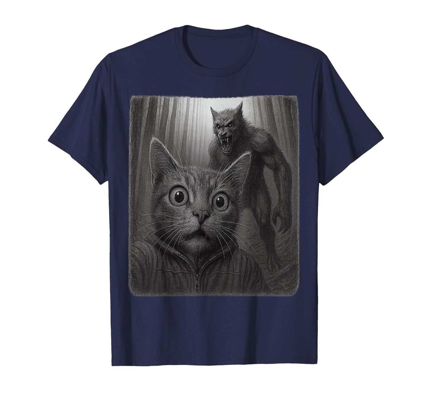 Funny Scared Cat Taking A Selfie with Cryptid Wolfman T-Shirt