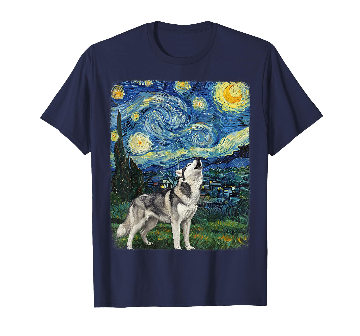 Husky Dog Howling At Moon Starry Night Van Gogh Funny T-Shirt