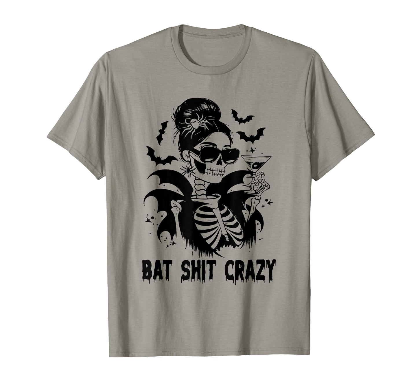 Bat Shit Crazy Halloween Witch Messy Bun Skull T-Shirt