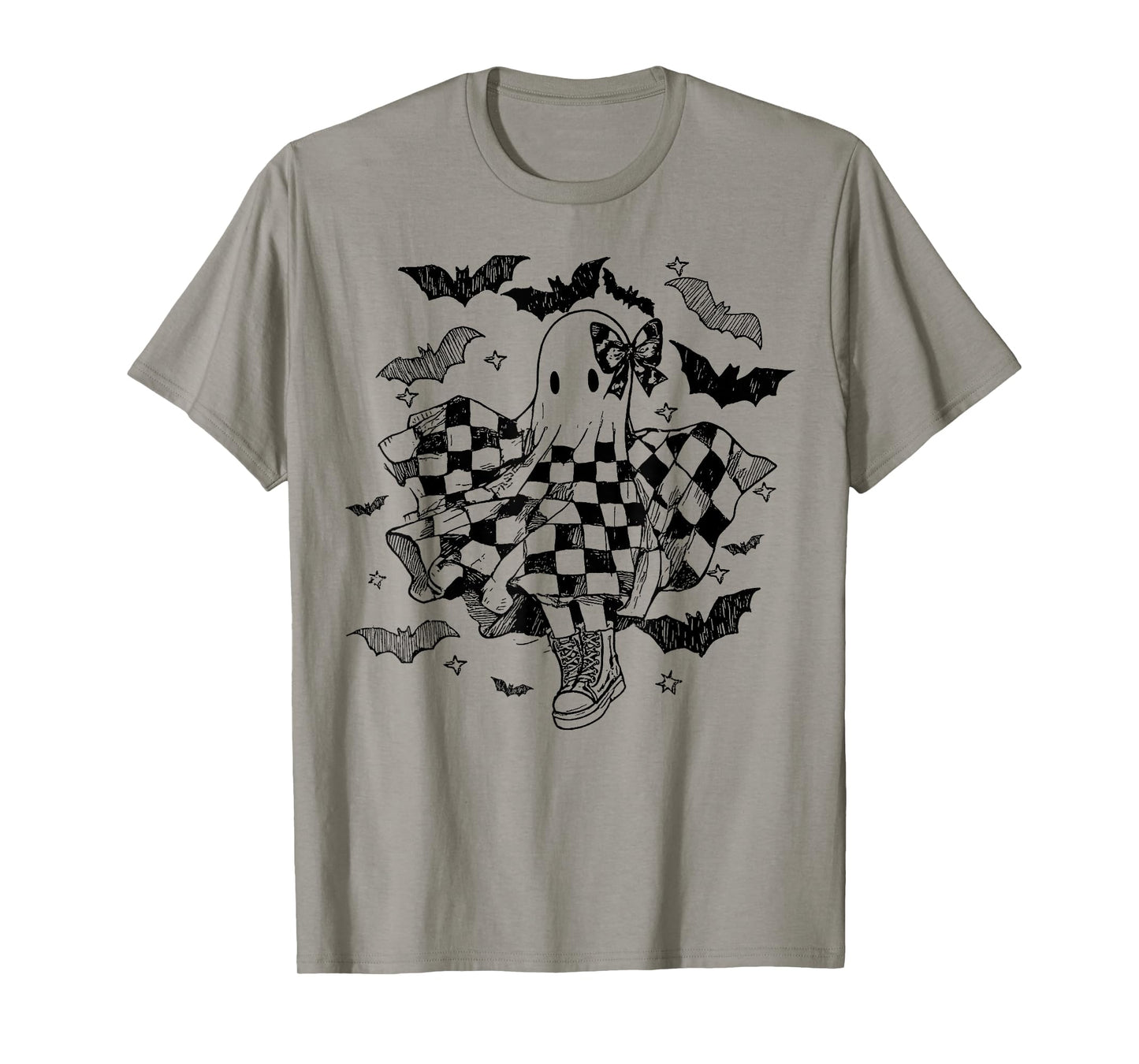 Checkered Ghost Coquette Dance Bow Bats Dancing Halloween T-Shirt