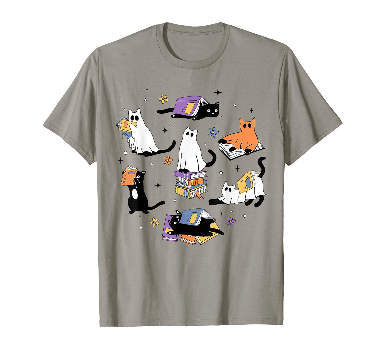 Cute Ghost Cat Reading Books Lover Bookish Halloween Spooky T-Shirt for Men Women