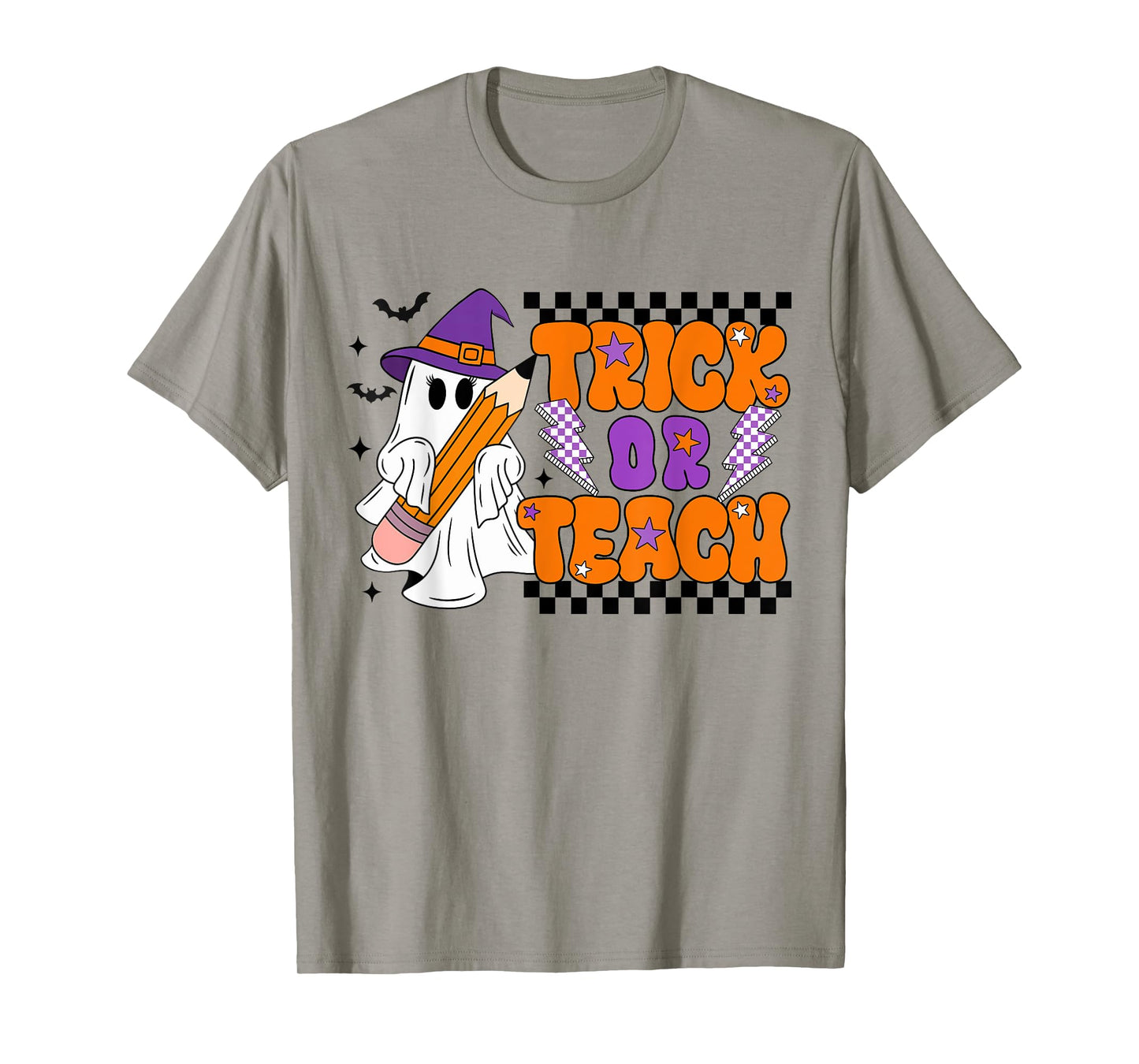 Trick Or Teach Groovy Teacher Halloween Retro Floral Ghost T-Shirt