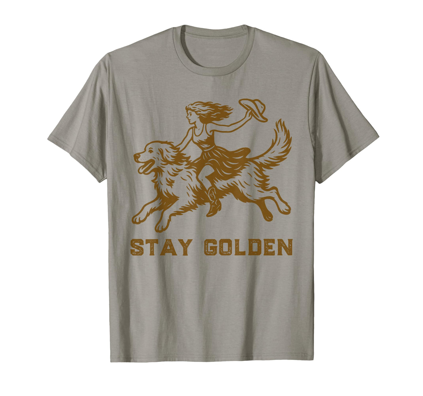 Vintage Western Cowgirl Riding Golden Retriever Stay Golden T-Shirt