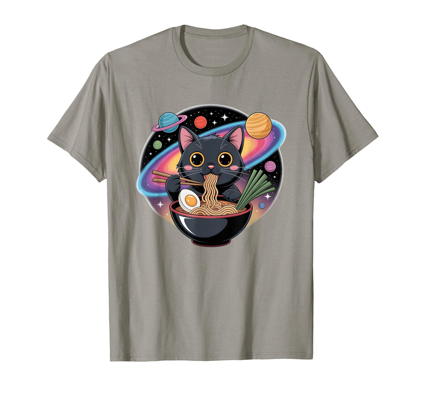 Cute Black Cat Eating Ramen in Space with Planets T-Shirt