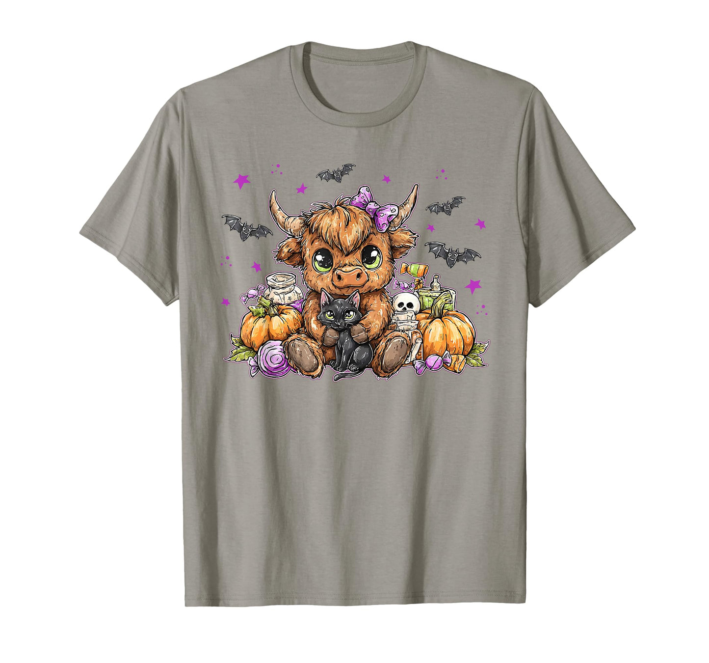 Retro Pumpkin Highland Cow Halloween Cow Lover Black Cat T-Shirt