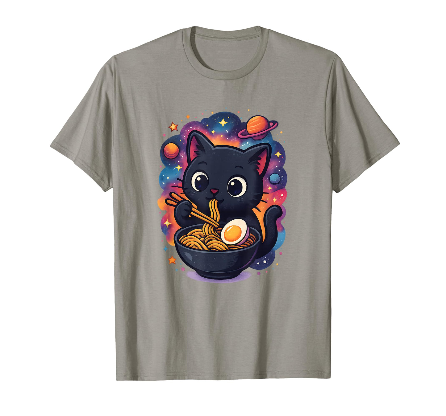 Cute Black Cat Eating Ramen in Space with Planets T-Shirt
