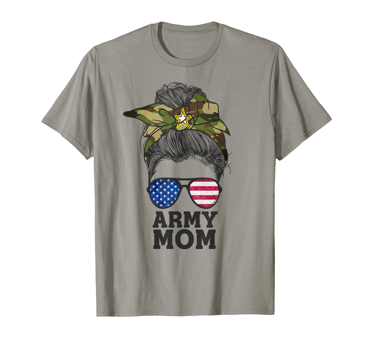 Funny Army Mom Messy Bun Hair Glasses T-Shirt