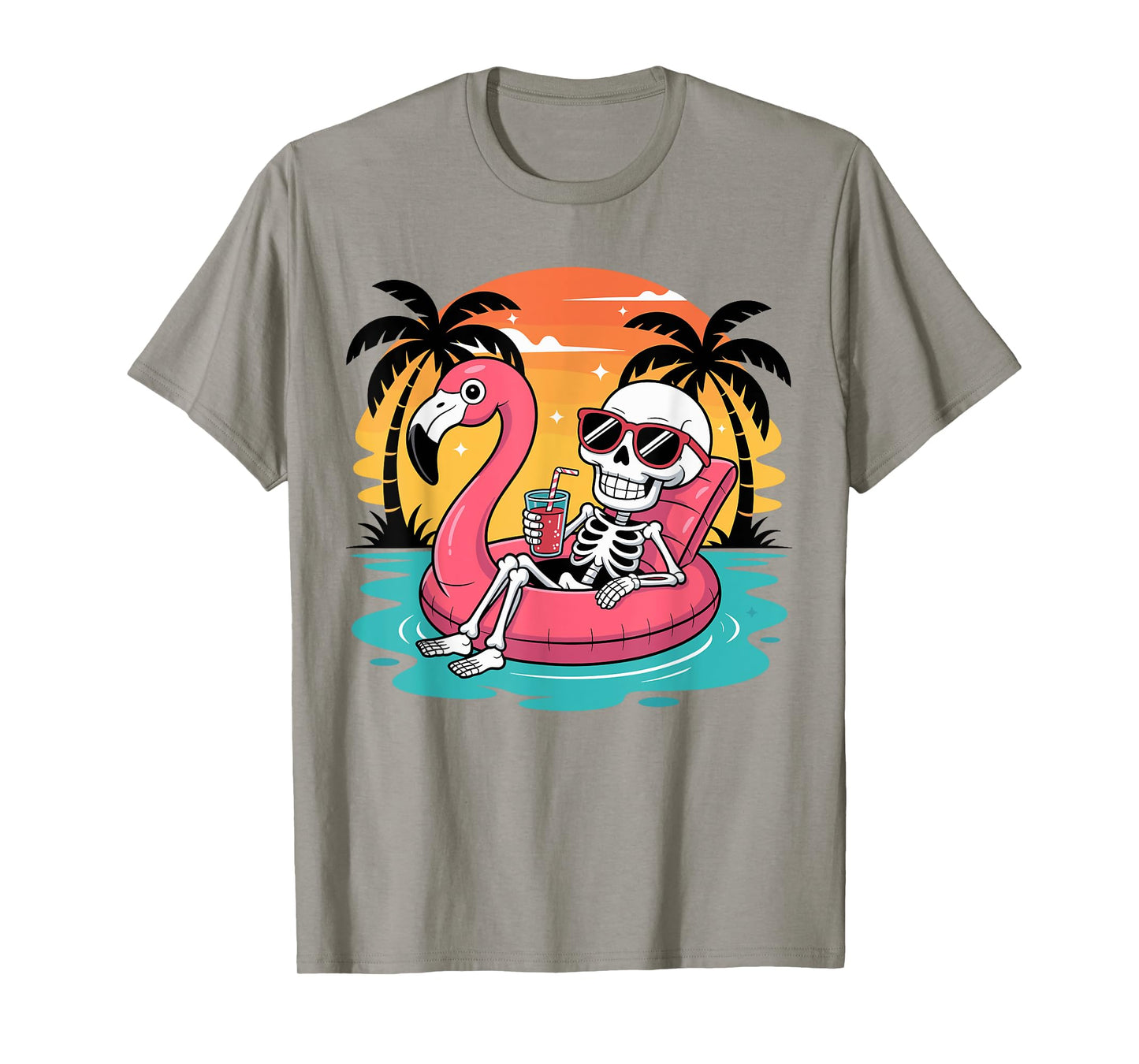 Summer Skeleton Flamingo Float Vacation Beach T-Shirt