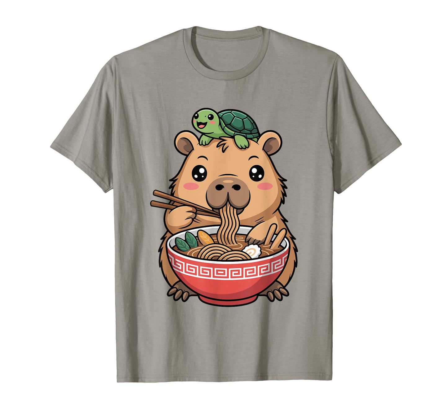 Cute Kawaii Capybara Eating Noodles with Turtle on Head T-Shirt