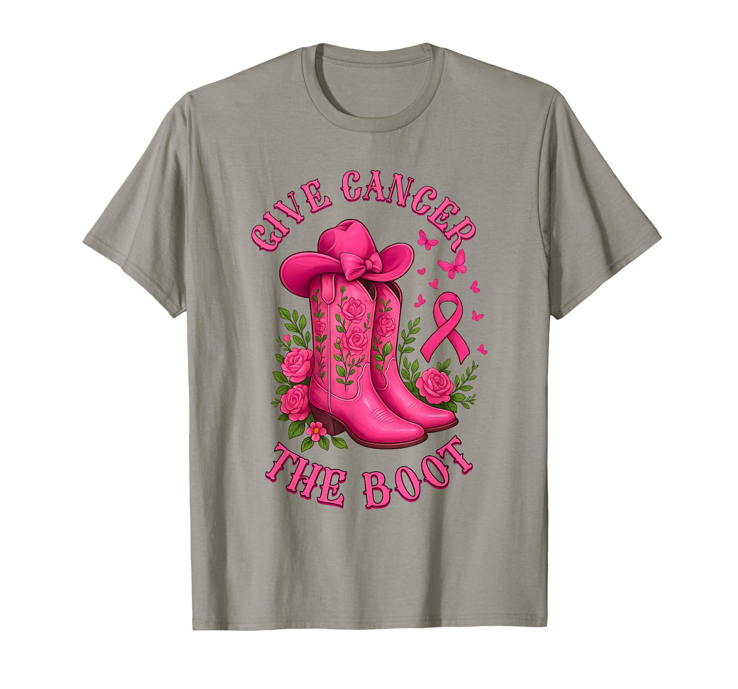 Give Cancer The Boot Cowgirl Cancer Awareness Pink Ribbon T-Shirt