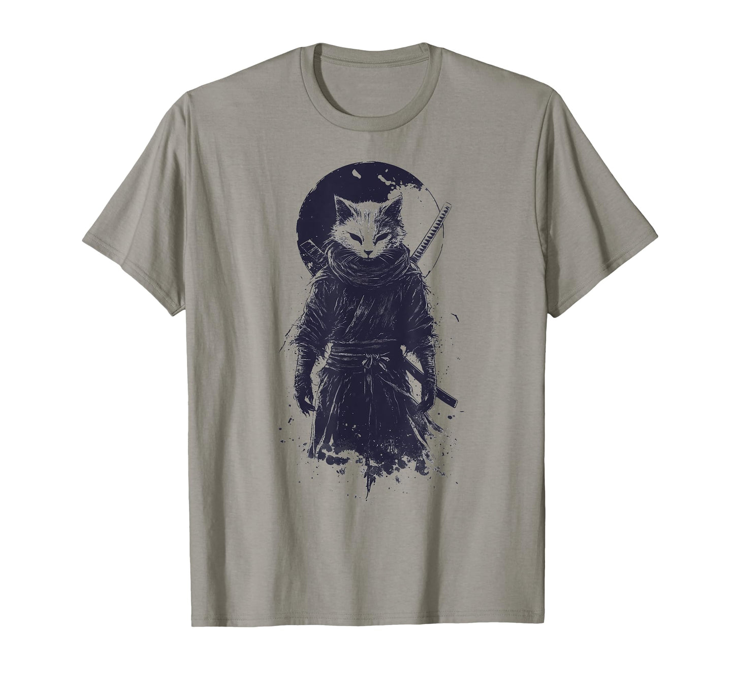 Cat Ninja Warrior with Katana and Moon T-Shirt for Men Women Kids