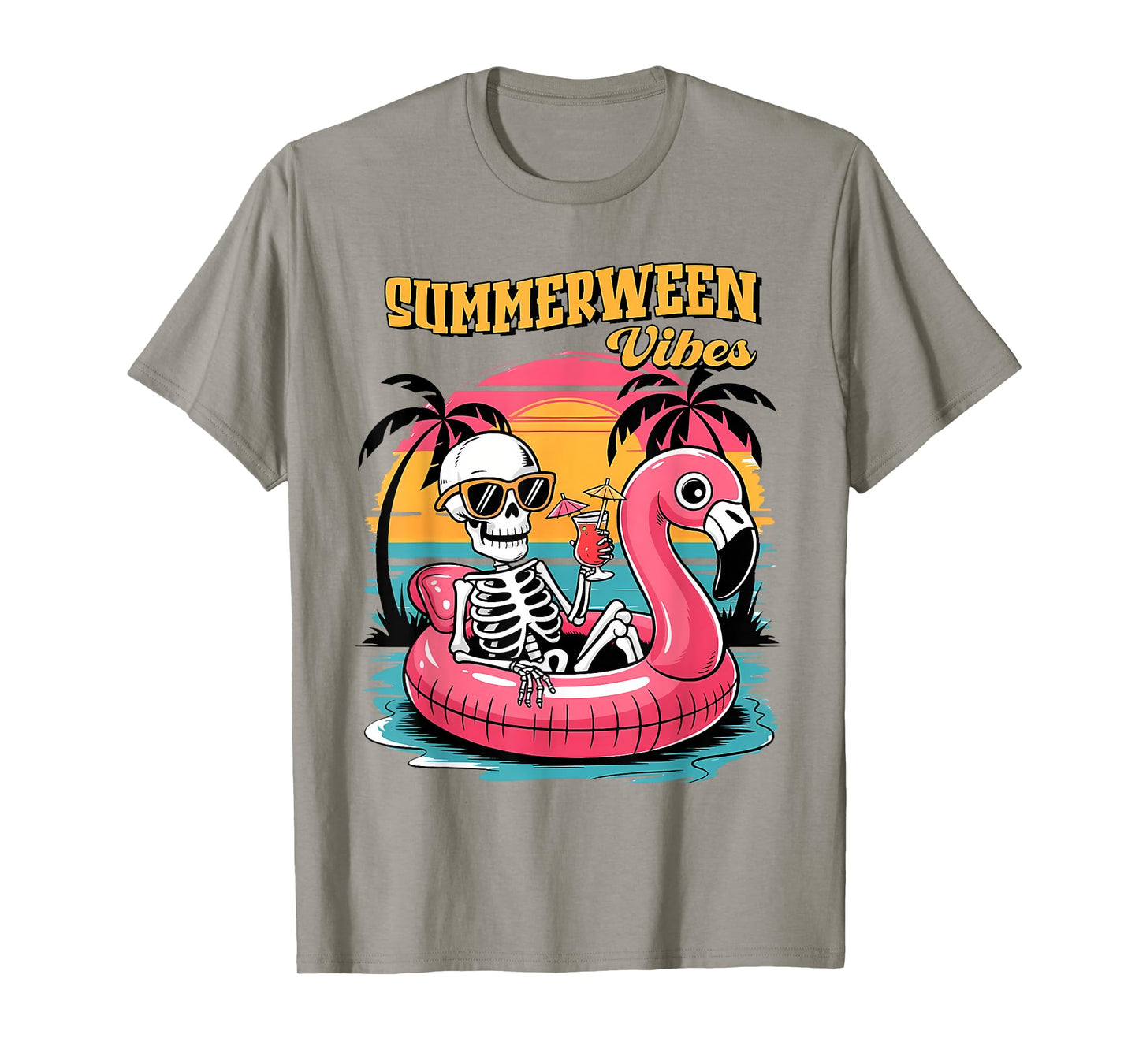 Summerween Vibes Skeleton Flamingo Spooky Halloween Summer T-Shirt
