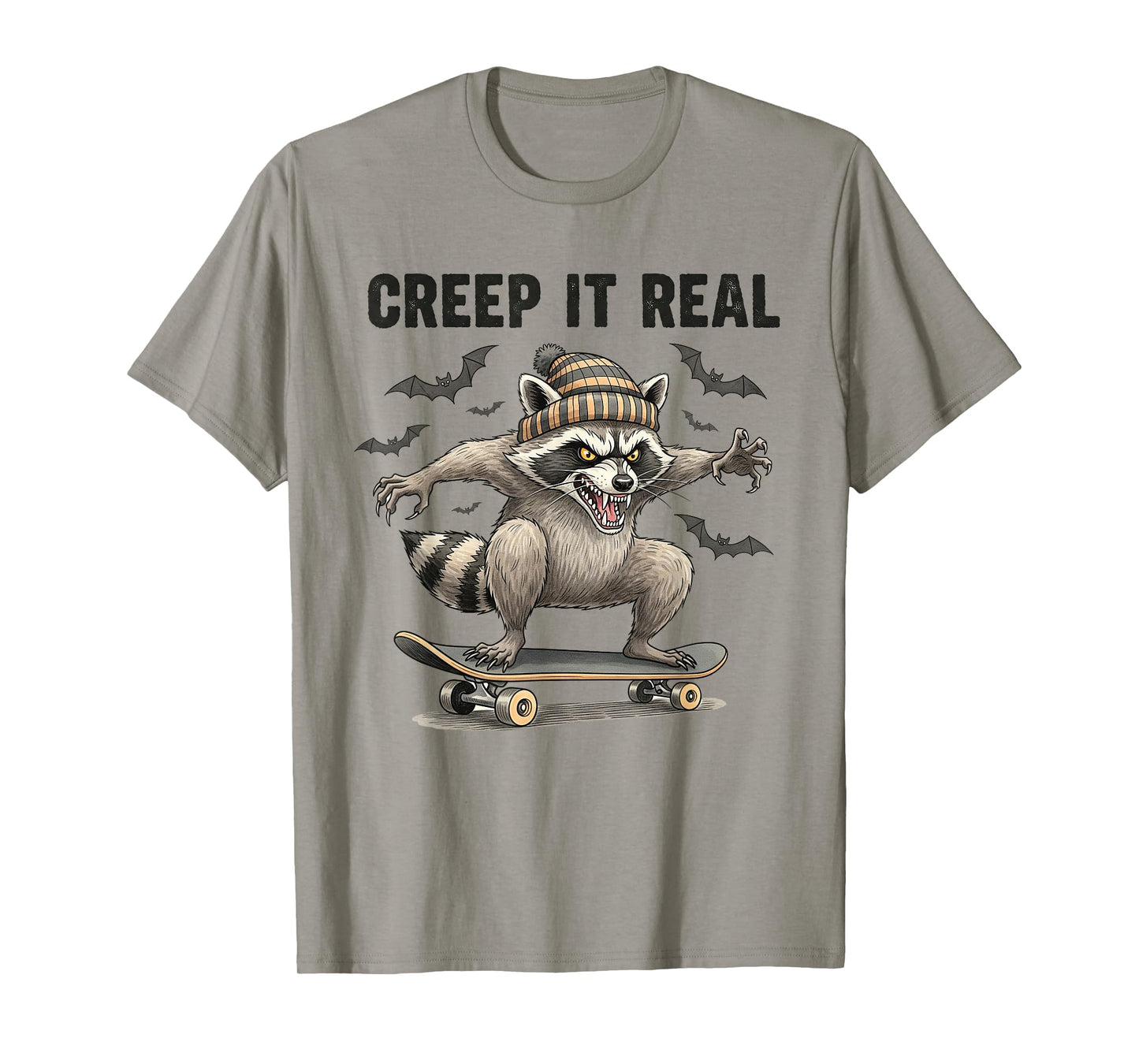 Creep It Real Raccoon Halloween Skateboard Bat Funny T-Shirt