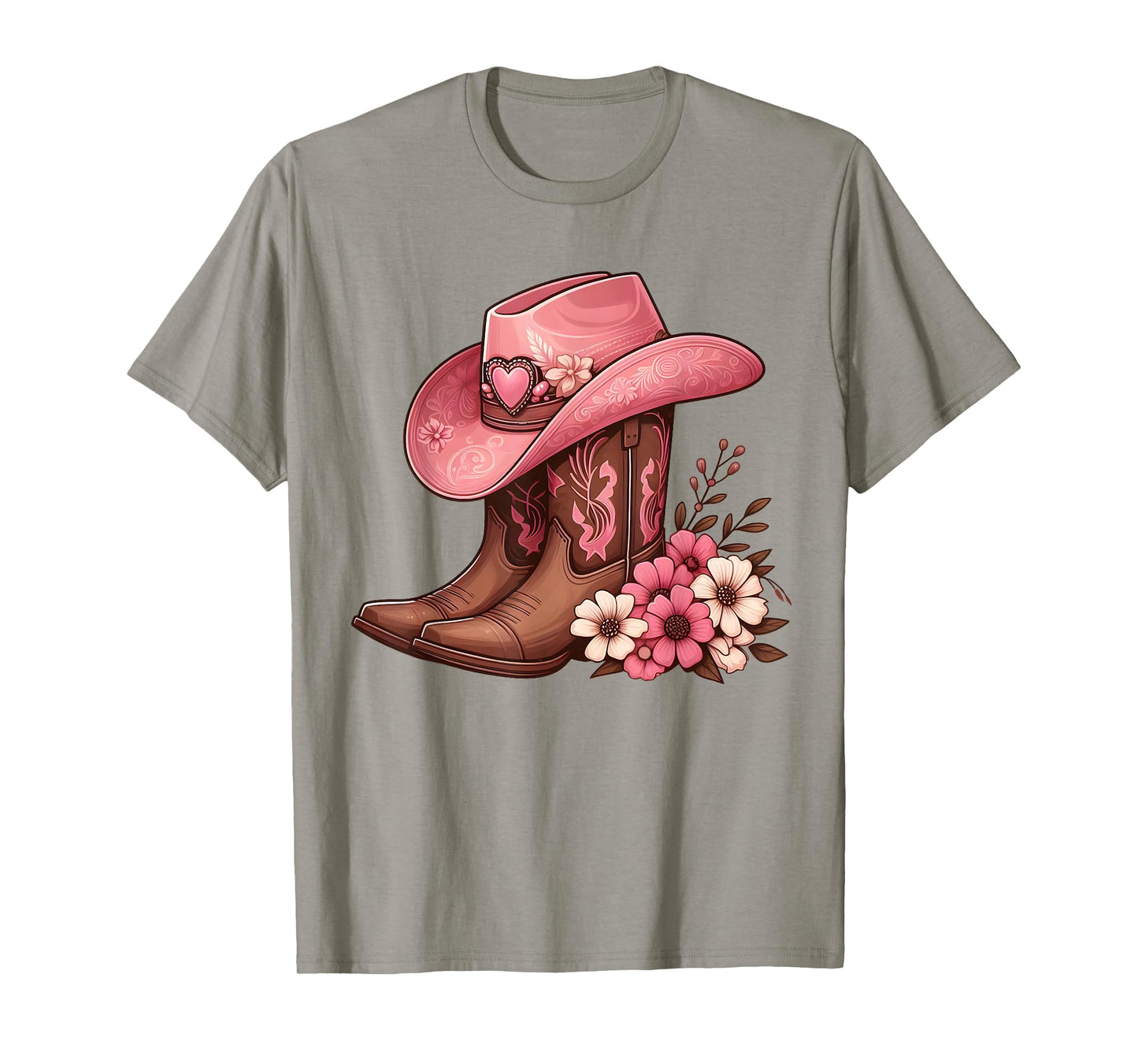 Western Country Pink Cowboy Boots Cowgirl Hat And Roses T-Shirt