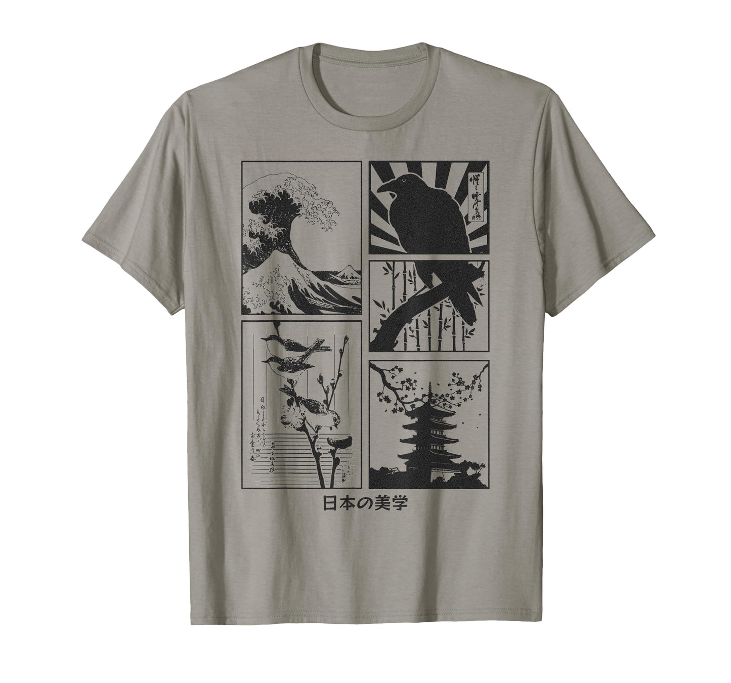 Japanese Art Birds on Cherry Blossom and Kyosai Crow Raven T-Shirt