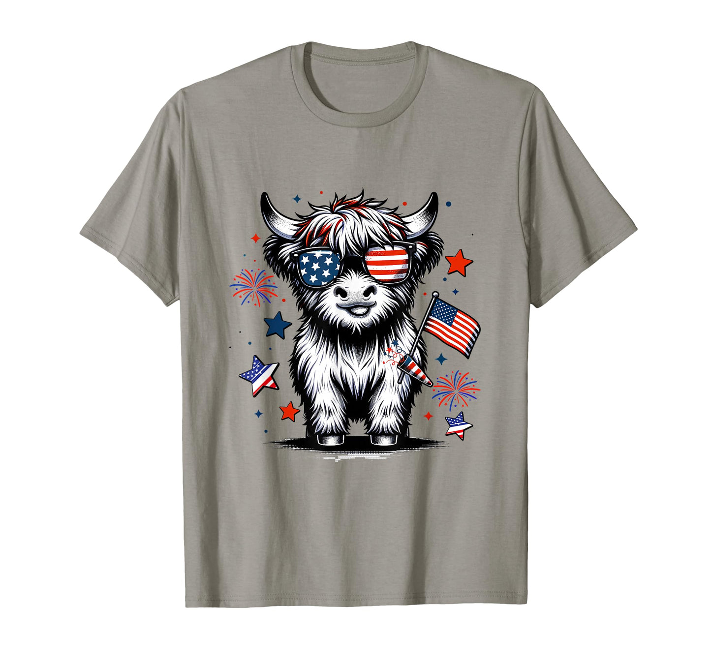 Cute Highland Cow 4th of July USA Flag Patriotic Cow Farmer T-Shirt