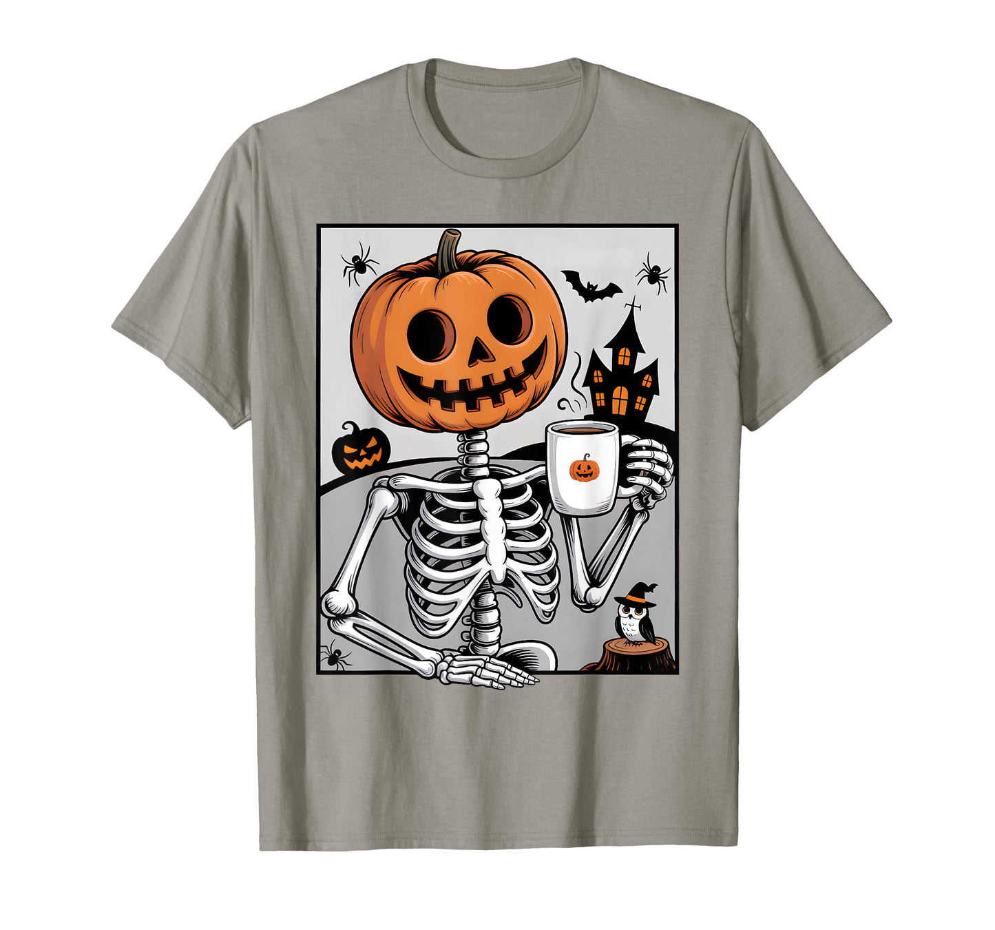 Skeleton Pumpkin Drinking Coffee Men Women Halloween Costume T-Shirt