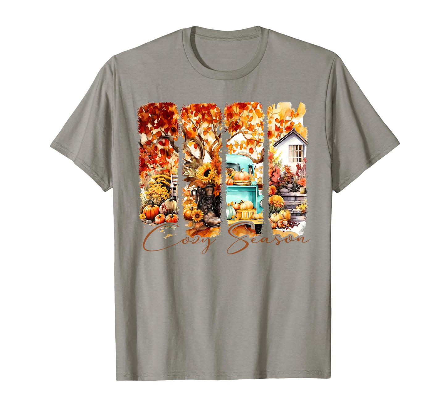 Cute Autumn Fall Season Pumpkin Truck Hat House Trees Cozy T-Shirt