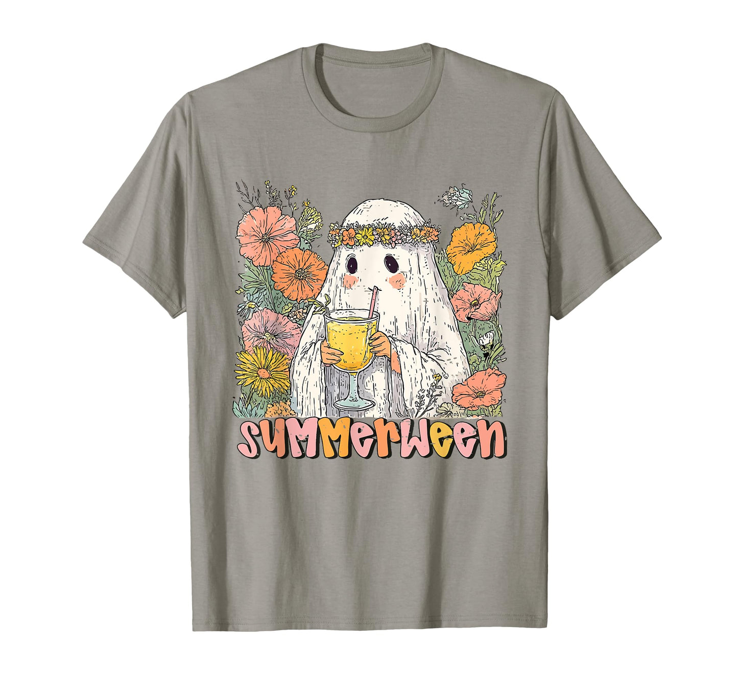 Retro Floral Ghost Summer Halloween Cocktail Cute Summerween T-Shirt