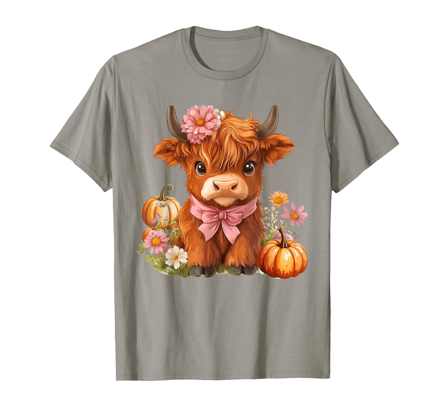 Highland Cow Pumpkin Pink Bow Ribbon Floral Autumn Fall Love T-Shirt