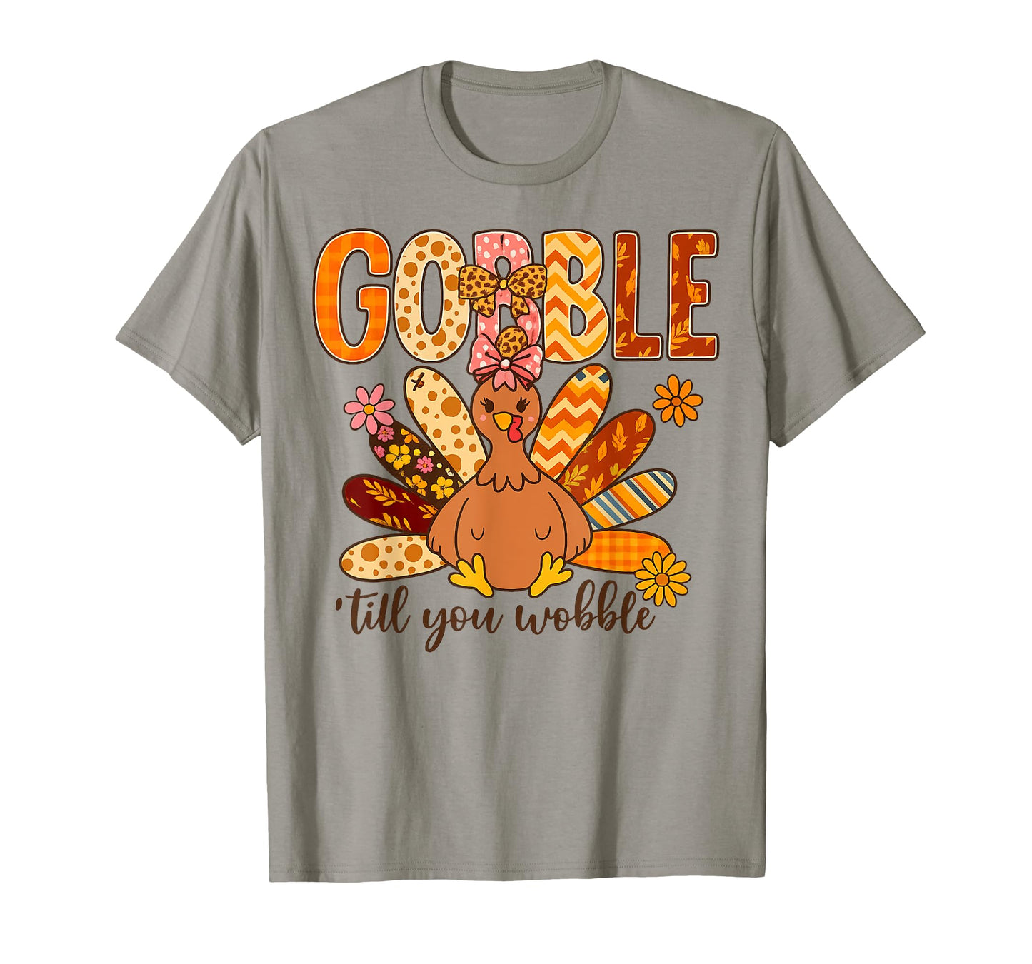 Gobble Til You Wobble Thanksgiving Floral Turkey Leopard T-Shirt