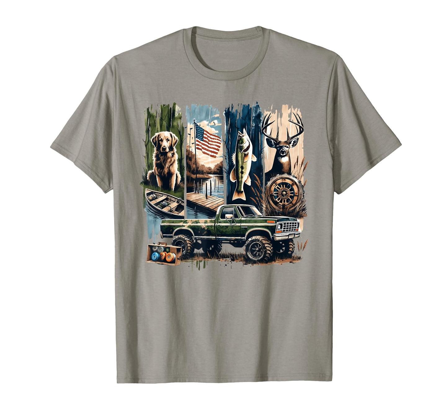 Camo Hunting Dog Fish Deer Patriotic USA Flag Men Boys T-Shirt