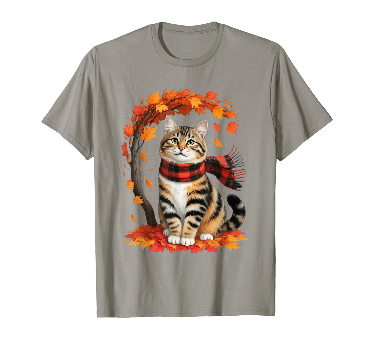 Autumn Cat with Leaves and Scarf Forest Lovers Design T-Shirt