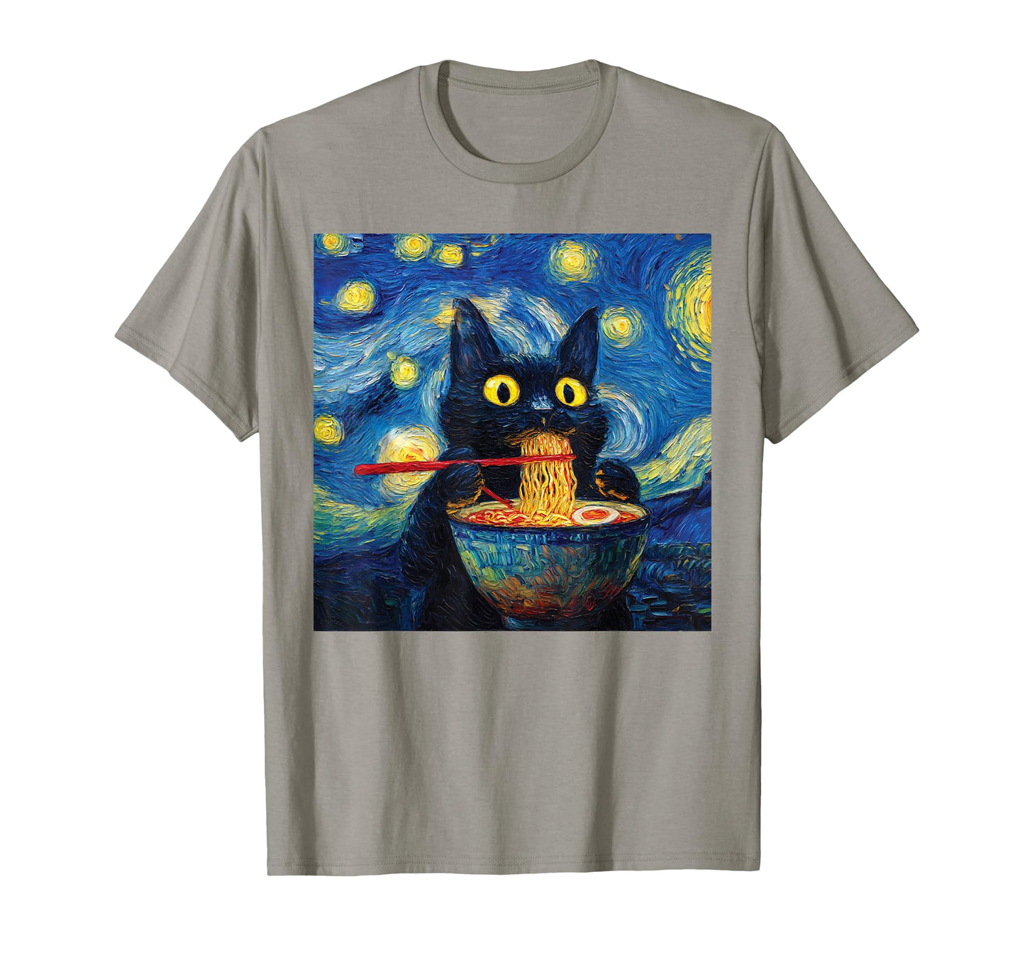 Black Cat Eating Ramen Graphic Night Painting for Women Men T-Shirt