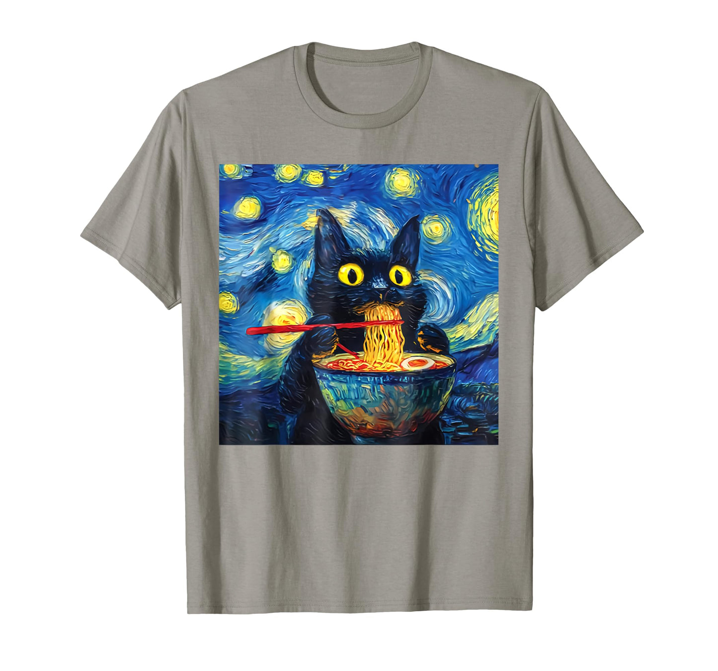 Black Cat Eating Ramen Graphic Night Painting for Women Men T-Shirt