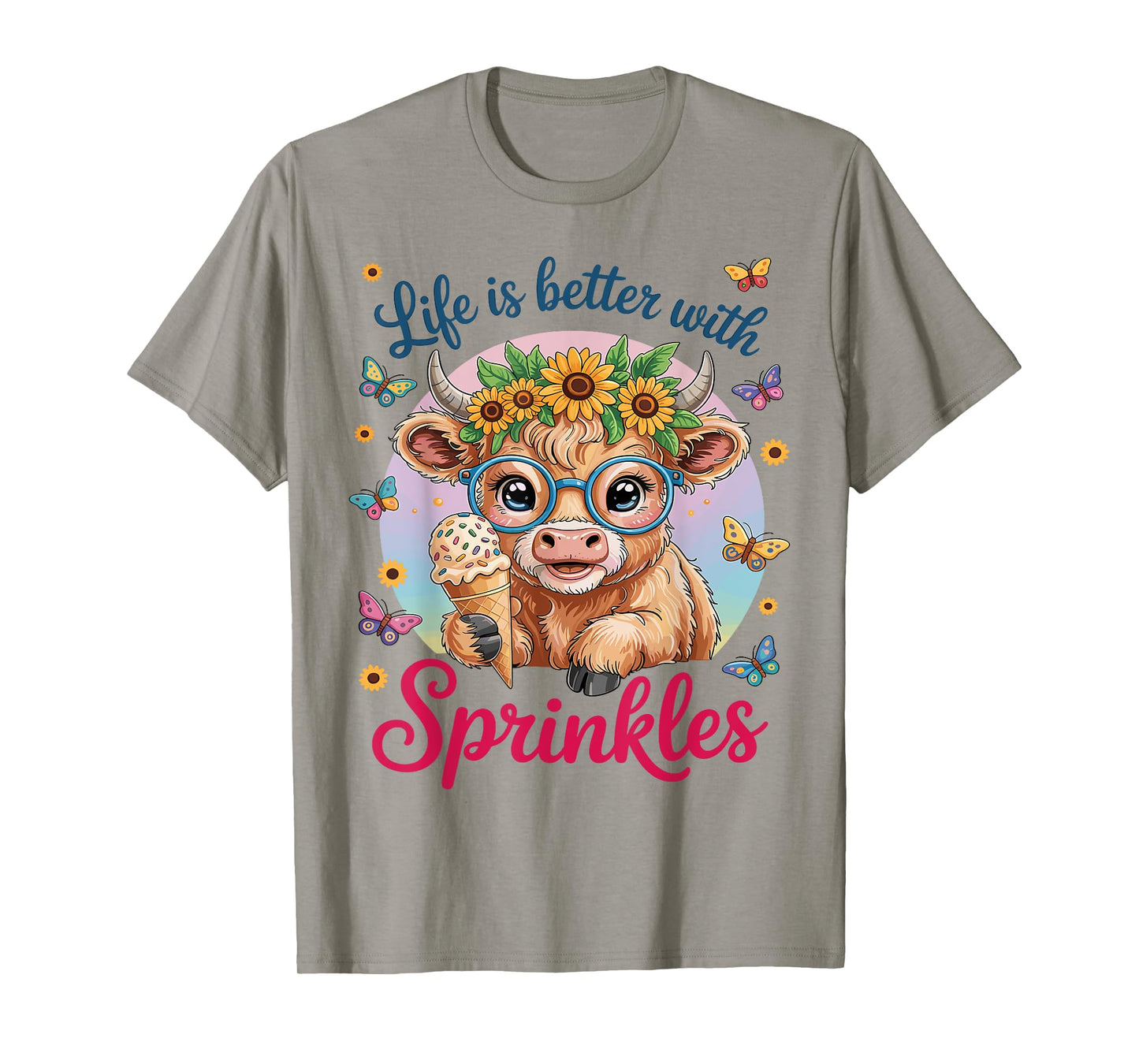 Life is Better with Sprinkles Ice Cream Cute Highland Cow T-Shirt