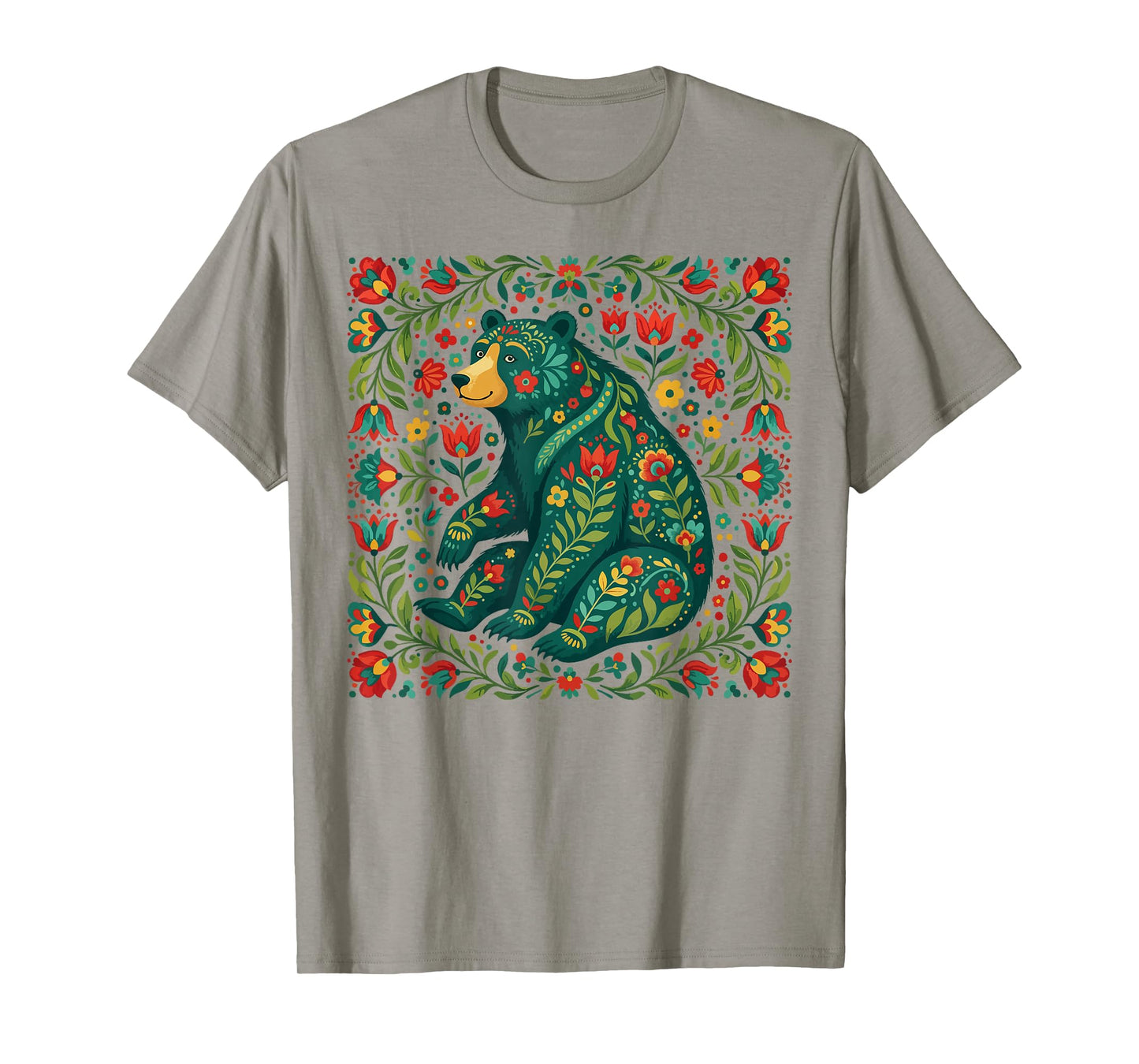 Scandinavian Folk Art Bear Floral Pattern Nordic Animal T-Shirt