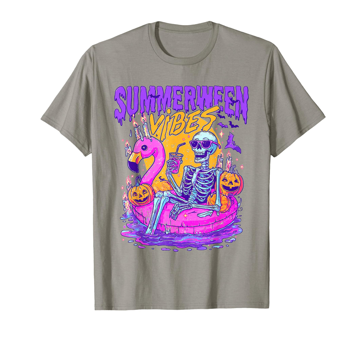 Summerween Skeleton Float Halloween Flamingo Vibes Fun T-Shirt