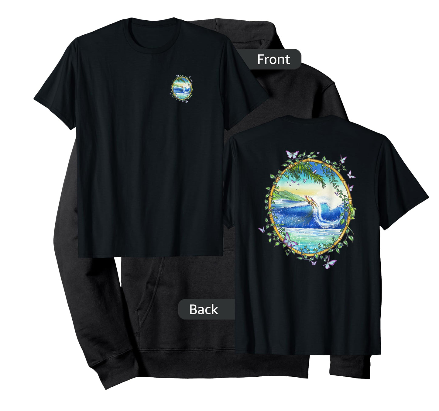 Surfing Front & Back Print Vintage Retro 70's Surf Art T-Shirt