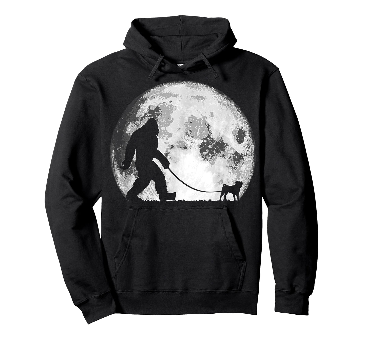Bigfoot & Pug Funny Night Time Dog Walking Graphic T-Shirt for Men Women