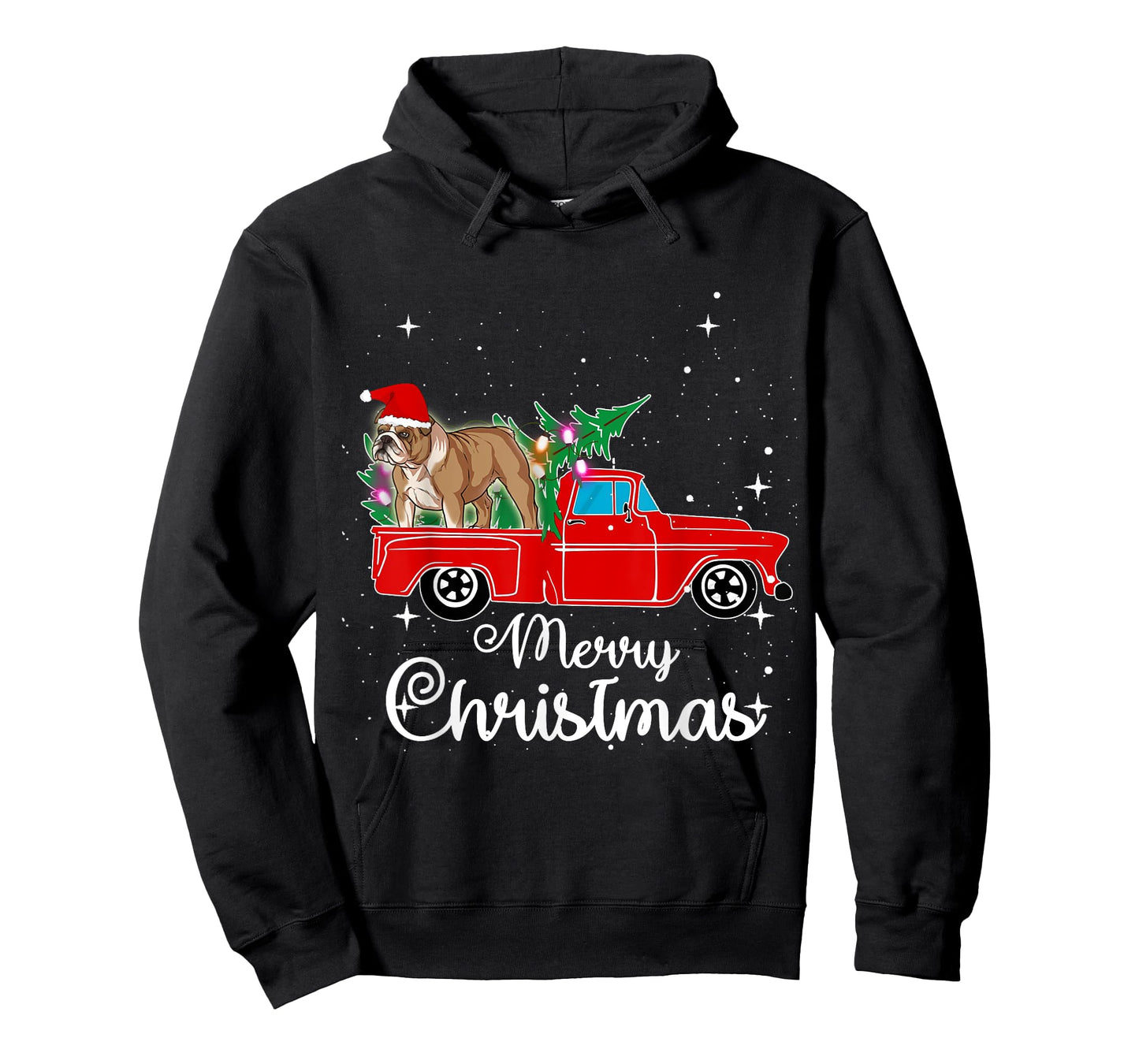 English Bulldog Dog Red Truck Christmas Tree Lights Xmas T-Shirt