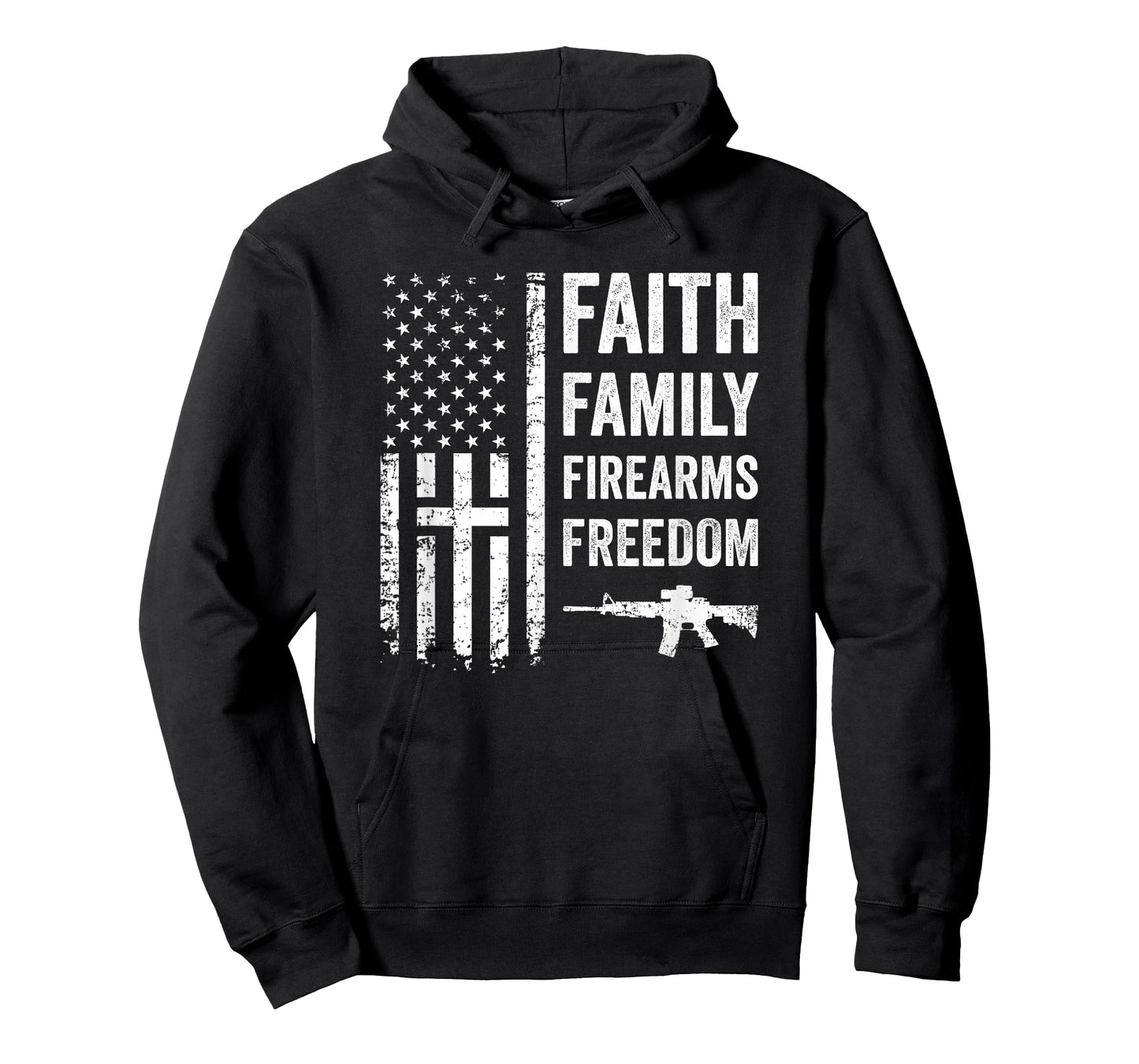 Faith Family Firearms & Freedom - Pro God Gun USA Cross Flag T-Shirt