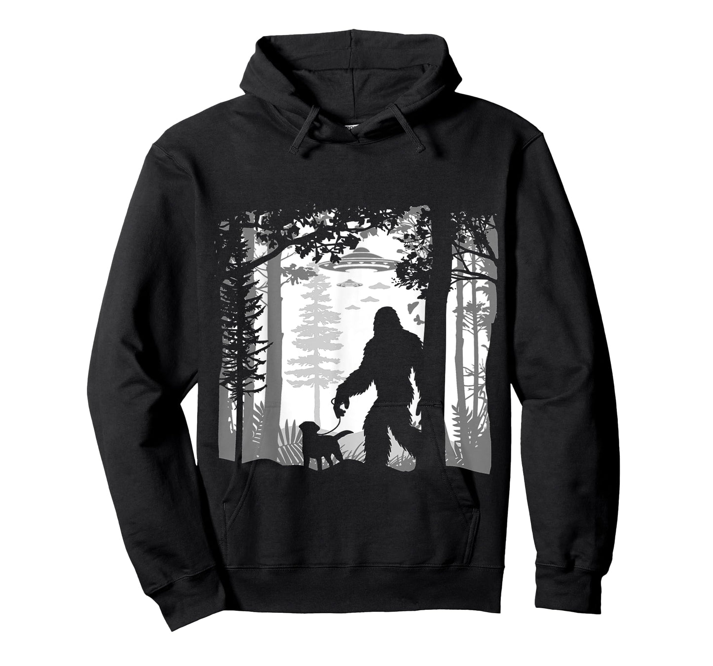 Funny Sasquatch Bigfoot Walking Dog in Woods with Alien UFOs T-Shirt