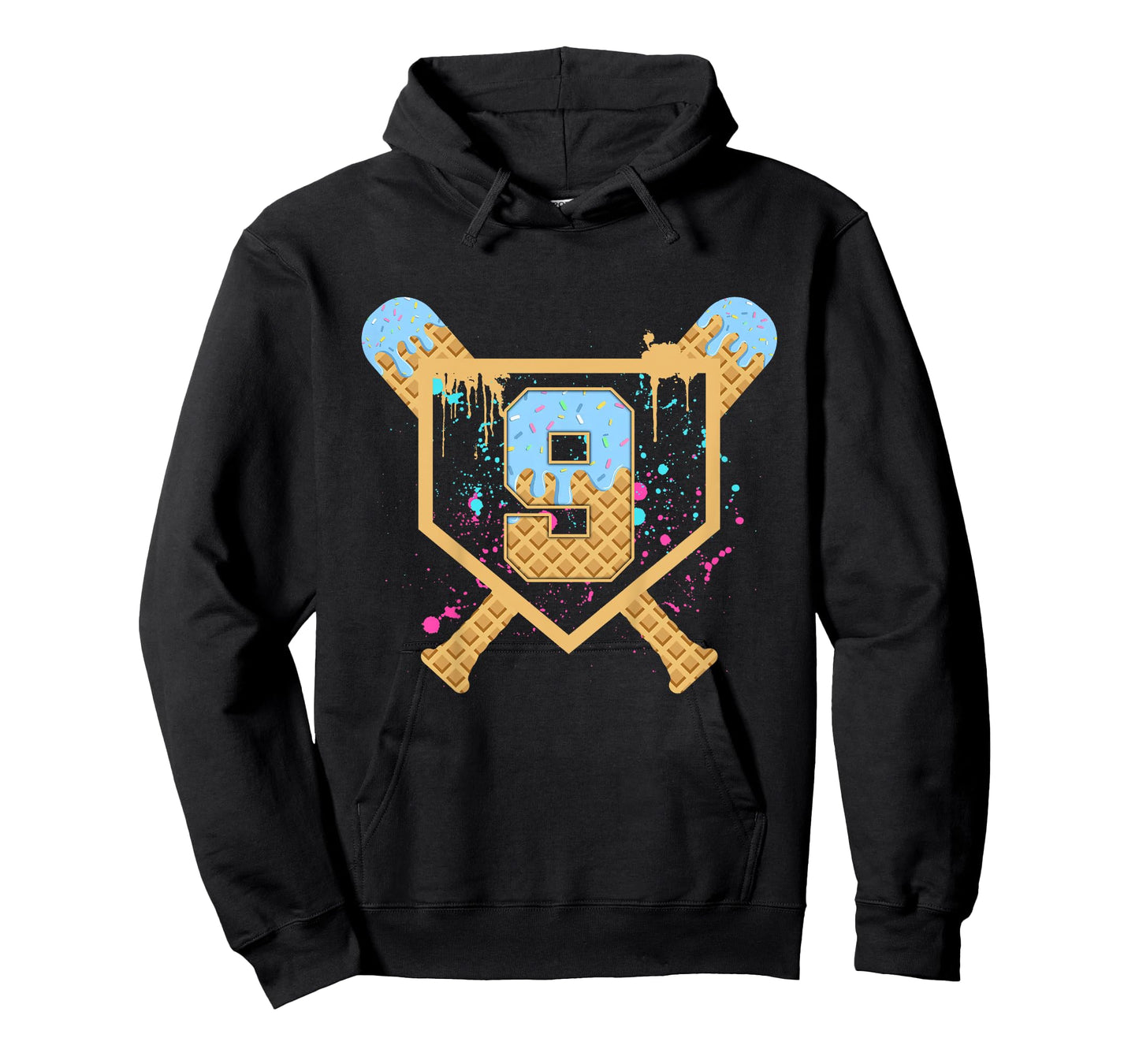 Kids Baseball 9 Year Old Ice Cream Drip 9th Birthday Boy Number 9 T-Shirt