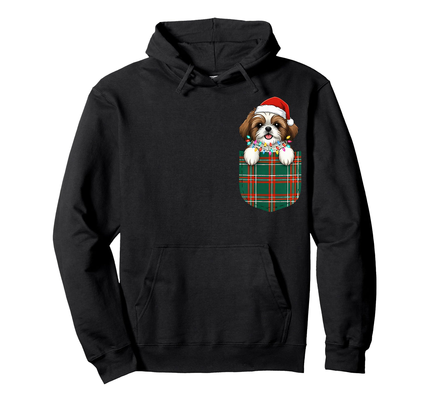 Shih Tzu Buffalo Plaid Green Red White Pocket Christmas T-Shirt