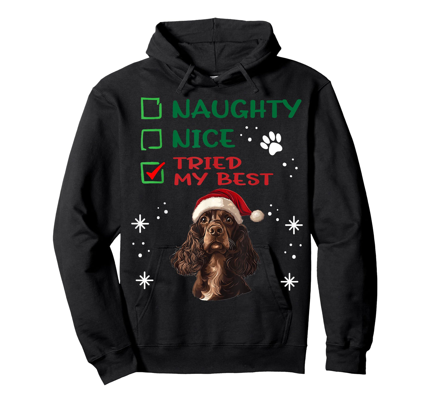 Cute English Cocker Spaniel Dog Christmas Naughty Nice Tried Men Women Kids T-Shirt