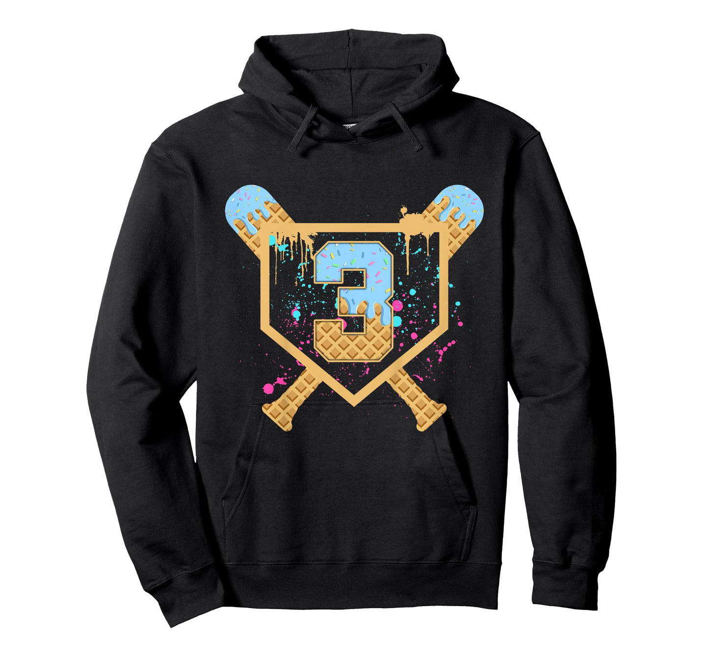 Kids Baseball 3 Year Old Ice Cream Drip 3rd Birthday Boy Number 3 T-Shirt