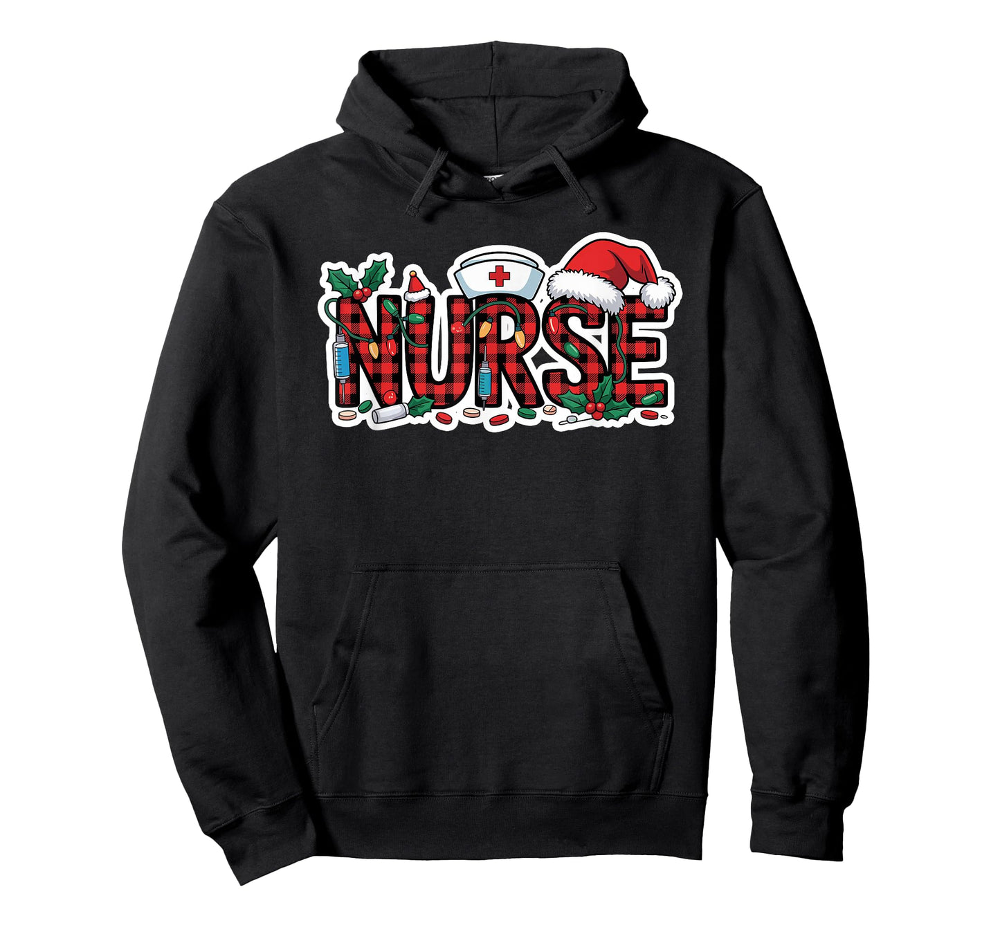 Christmas Nurse Buffalo Plaid Santa Hat Christmas Lights T-Shirt